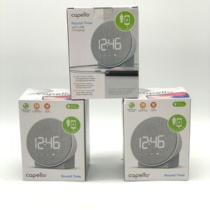 Capello Round Time Alarm Clock Grey Fabric Face USB Charging Dual Alarm CA-8WF